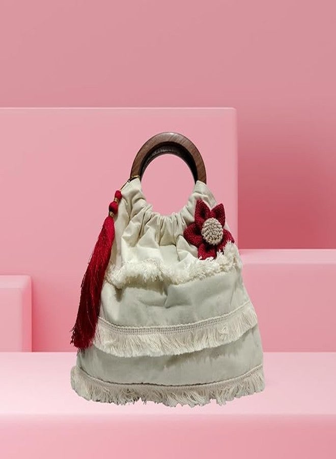 ATHZ handbags for women top handle bags with classic wodden handles jute flower, tassel, satin ribbon embellishment Jute| Cotton Fabric Bags (Off White, Onion Pink) - Image 5